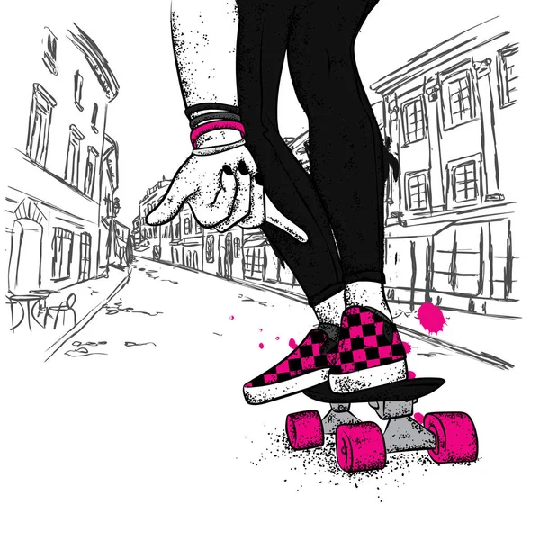 Stylish skater in jeans and sneakers. Skateboard. Vector illustration for a postcard or a poster, print for clothes. Street cultures.