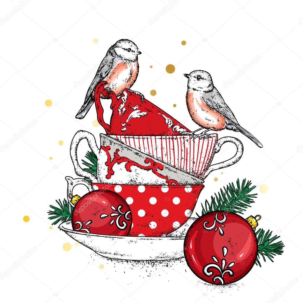 A stack of multi-colored vintage cups with Christmas balls. Vector illustration for a postcard or a poster. Tea, coffee or cappuccino. New Year. Cute birdies.