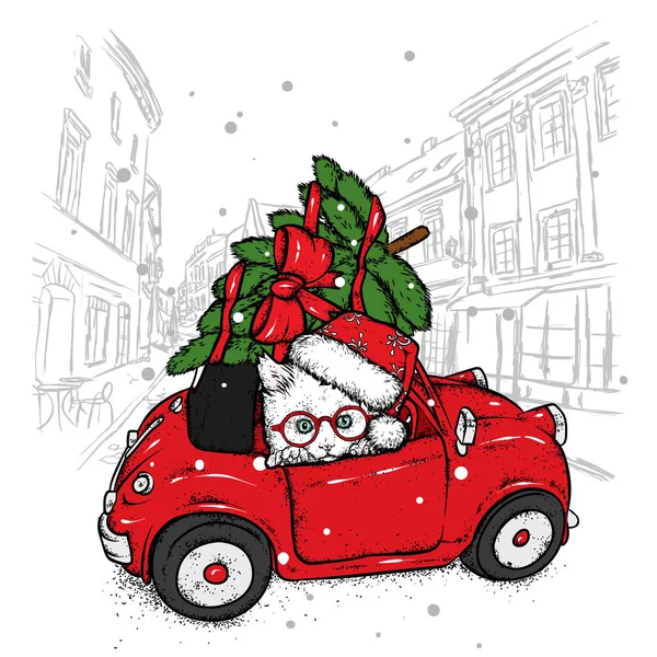 Gato engraçado em um carro retro com uma árvore de Natal no telhado. Ilustração vetorial. Ano Novo e Natal. Gatinho bonito . —  Vetores de Stock