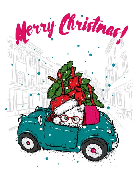 Gato gracioso en un coche retro con un árbol de Navidad en el techo. Ilustración vectorial. Año Nuevo y Navidad. Lindo gatito . — Archivo Imágenes Vectoriales