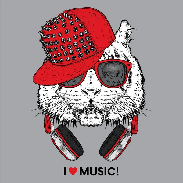 Tigre en gafas, gorra y auriculares. Ilustración vectorial. El animal es un hipster. Música, moda y estilo. Impresión en ropa, postal y productos impresos . — Vector de stock