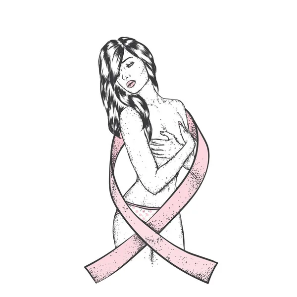 Hermosa chica con una cinta rosa. El diseño de un folleto, póster o postal sobre el tema del cáncer de mama. Ilustración vectorial. Medicina, enfermedad y tratamiento. Enfermedades femeninas . — Vector de stock