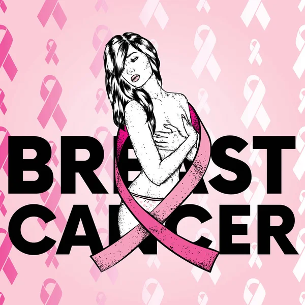 ピンクのリボンを持つ美しい少女。リーフレットやポスター、乳がんをテーマにポストカードのデザイン。ベクトルの図。医学、病気と治療。女性の病気. — ストックベクタ