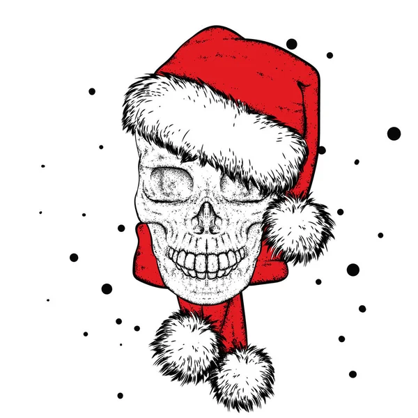 Crâne dans un chapeau et écharpe. Nouvel An et Noël. Illustration vectorielle pour une carte postale ou une affiche, impression pour vêtements . — Image vectorielle