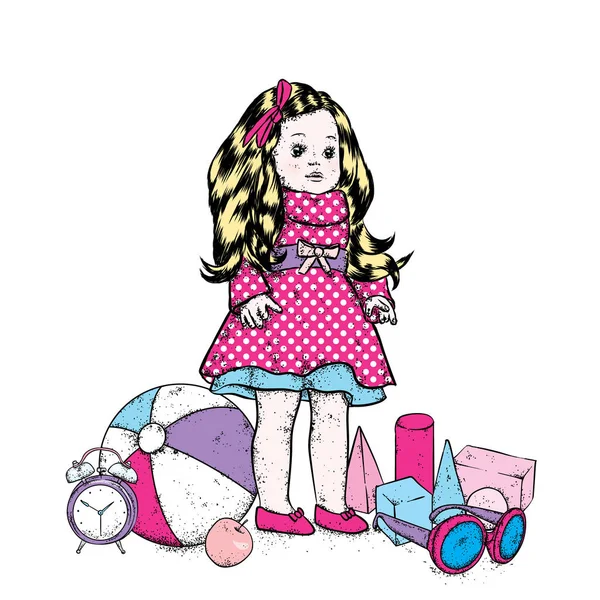 La muñeca hermosa en el vestido y los juguetes infantiles - la pelota, el reloj, el diseñador y las gafas de sol. Ilustración vectorial. Linda chica . — Vector de stock