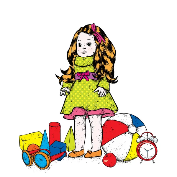 Μια όμορφη κούκλα σε ένα φόρεμα και τα παιχνίδια των παιδιών - μια σφαίρα, ένα ρολόι, έναν σχεδιαστή και γυαλιά ηλίου. Εικονογράφηση διάνυσμα. Χαριτωμένο κορίτσι. — Διανυσματικό Αρχείο