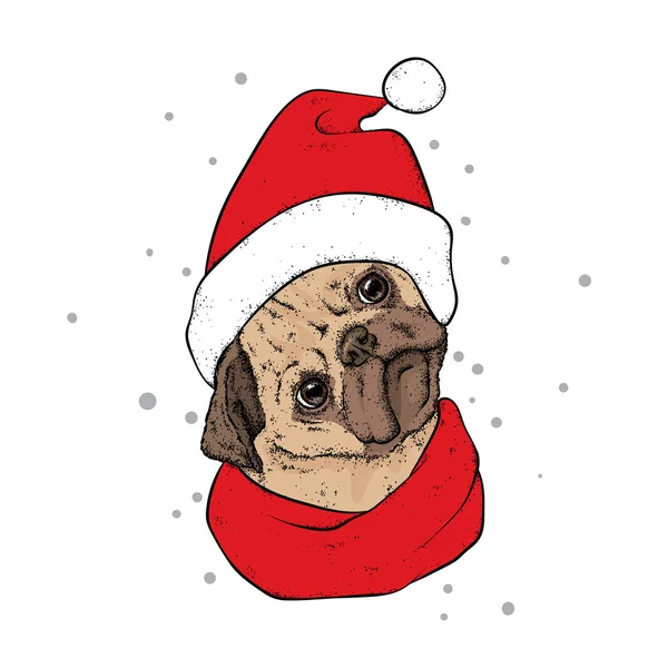 Un lindo pug con gorra de Año Nuevo. Perro de pedigrí. Un cachorro guapo. Ilustración vectorial . — Vector de stock