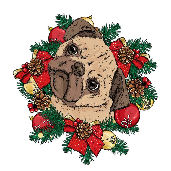 Ein kleiner süßer Mops im Weihnachtskranz mit Kugeln und Schleifen. Vektorillustration für eine Postkarte oder ein Poster. Neujahr und Weihnachten. ein schöner Welpe. Rassehund. — Stockvektor