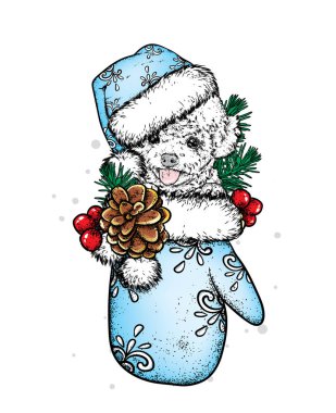 New Year's eldiven ve Ladin dalları komik bir köpek. Vektör çizim. Şapka, şirin yeni yıl köpek yavrusu.