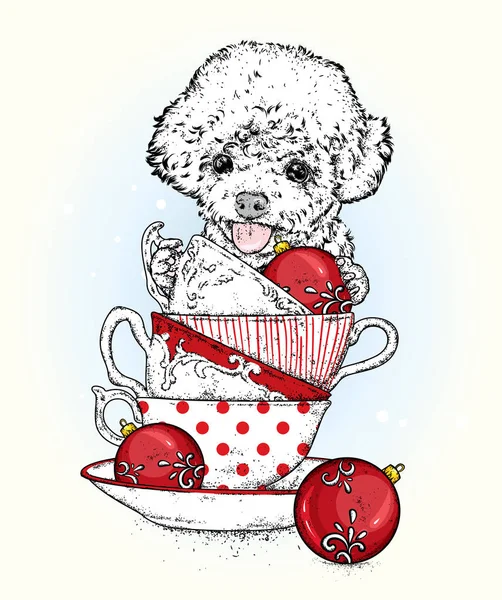 Смешной пудель с винтажными чашками и рождественскими шарами. Новый год и Рождество. Векторная иллюстрация праздничной открытки или плаката. Родословная. Щенок . — стоковый вектор