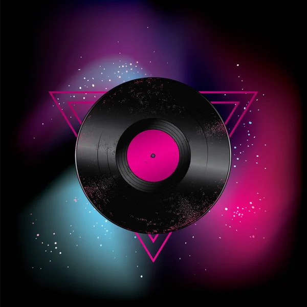 Un hermoso disco de vinilo en el triángulo. Música. Ilustración vectorial para una postal o un póster, impresión para ropa. Vintage y retro. Spase y estrellas . — Archivo Imágenes Vectoriales