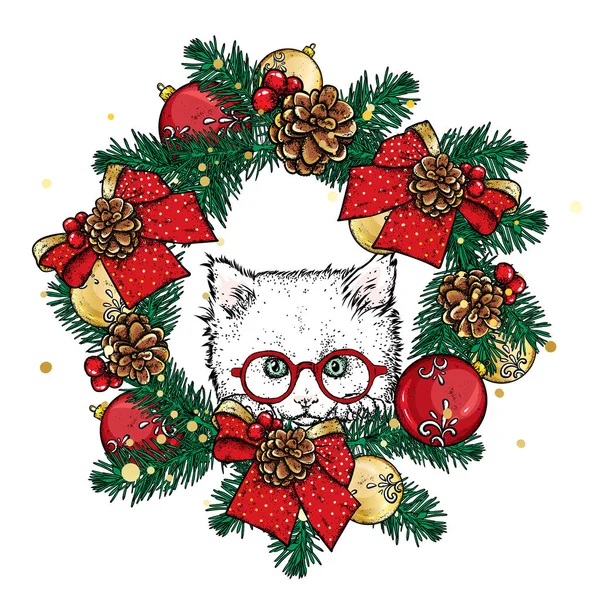 볼과 리본 크리스마스 화 환에 새끼 하 고양이 웃 긴가 벡터 일러스트입니다. 새 해 그리고 크리스마스입니다. 아름 다운 고양이. — 스톡 벡터