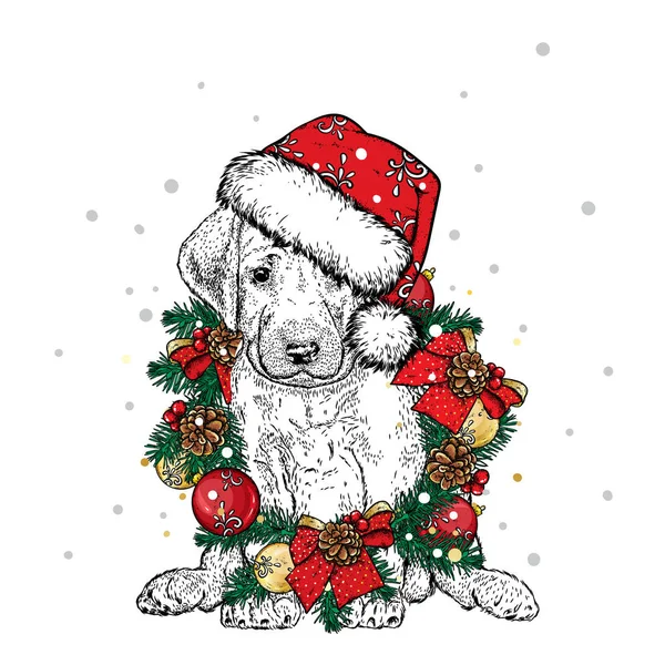 Hermoso perro en la corona de Navidad. Precioso cachorro de pura sangre. Año Nuevo y Navidad. Ilustración vectorial para una postal o un póster . — Vector de stock