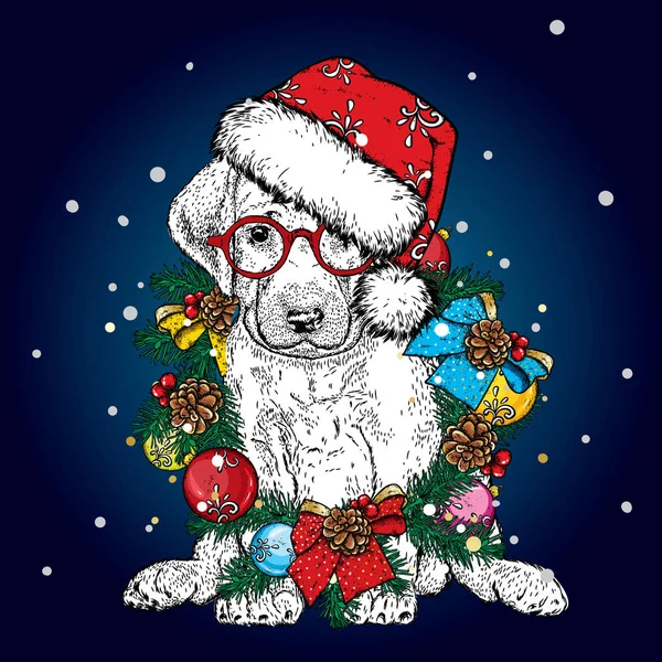 Magnifique chien en couronne de Noël. Beau chiot pur-sang. Nouvel An et Noël. Illustration vectorielle pour une carte postale ou une affiche . — Image vectorielle