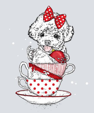 Vintage bardak ve Noel topları ile komik bir kaniş. Yeni yıl ve Noel. Vektör çizim bir tatil tebrik kartı veya poster için. Safkan köpek. Köpek yavrusu.