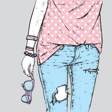 Kız şık kot pantolon ve bir yelek onun el güneş gözlüğü tutar. Vektör çizim. Moda, Stil, giyim ve aksesuarları.