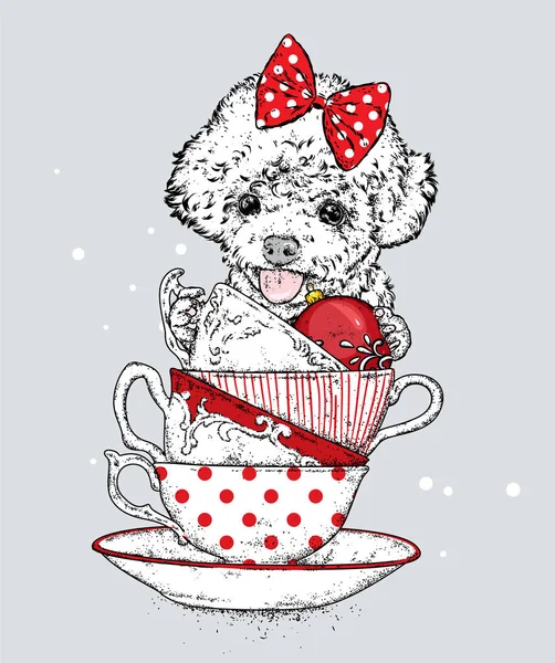 A funny poodle with vintage cups and Christmas balls. New Year's and Christmas. Vector illustration for a holiday greeting card or poster. Pedigree dog. Puppy. — Stock Vector