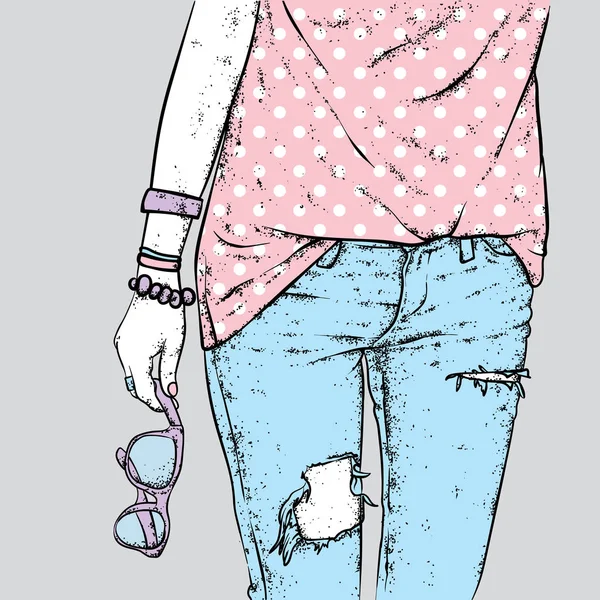 La ragazza in jeans alla moda e un gilet tiene in mano occhiali da sole. Illustrazione vettoriale. Moda, stile, abbigliamento e accessori . — Vettoriale Stock