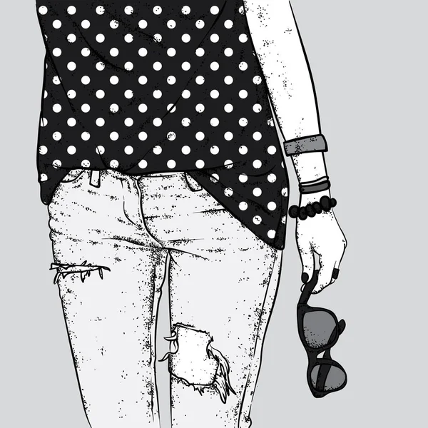 La ragazza in jeans alla moda e un gilet tiene in mano occhiali da sole. Illustrazione vettoriale. Moda, stile, abbigliamento e accessori . — Vettoriale Stock