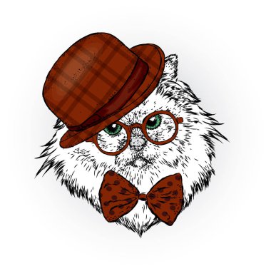Bir şapka ve kravat ile güzel bir kedi. Komik kedi yavrusu. Vektör çizim. Moda, Stil, giyim ve aksesuarları.