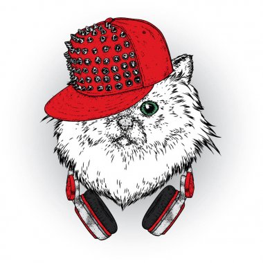 Bir kap ve kulaklık ile güzel bir kedi. Vektör çizim bir kartpostal, poster ya da baskı için. Giysi ve aksesuarları.