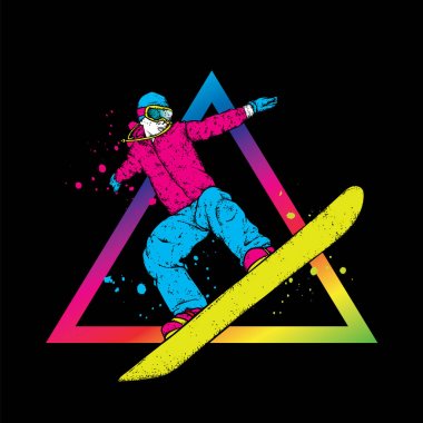 Bir snowboard renkli giysiler içinde. Vektör çizim. Spor, doğa sporları, açık hava etkinlikleri.