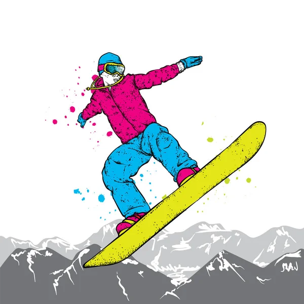 Egy snowboardos, színes ruhák. Vektoros illusztráció. Sport, extrém sportok, szabadtéri tevékenységek. — Stock Vector