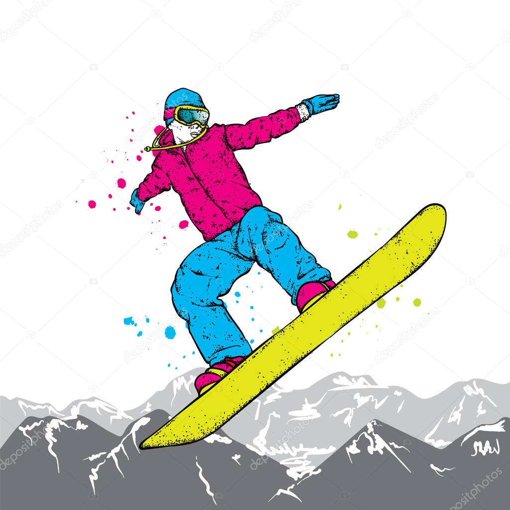 A snowboarder in colorful clothes. Vector illustration. Sports, extreme sports, outdoor activities.