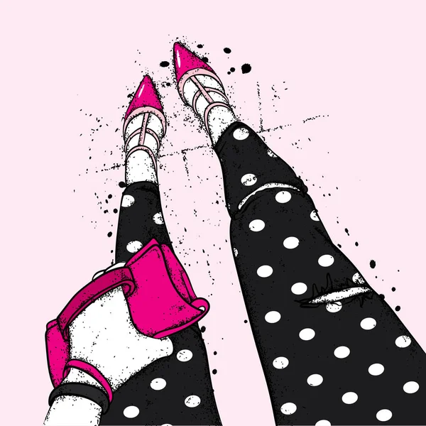 Λεπτή γυναικεία πόδια σε στενά παντελόνια και κομψά παπούτσια. Selfy. Εικονογράφηση διάνυσμα για μια κάρτα ή μια αφίσα, εκτύπωσης. Ρούχα και αξεσουάρ. Μόδα στυλ &. — Διανυσματικό Αρχείο