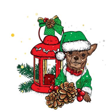 Bir mum ile güzel vintage fener. Güzel bullfinches. Vektör çizim. Festival kartpostal. Yeni yıl ve Noel.