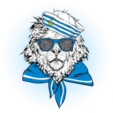 Gemici giysiler içinde güzel bir aslan. Vektör çizim. Hayvan giysiler ve aksesuarlar. Bir denizci bir şapka ve kravat.