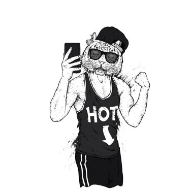 Güzel bir erkek vücudu ile kaplan. Spor muhabiri selfie yapıyor onun pazı gergin. Vektör çizim bir kartpostal veya poster, giysiler için yazdırma için. Spor, giysi ve aksesuarları.