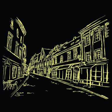 Eski şehir sokak elinde çizilmiş çizgiyi kroki tarzı. Eski şehir manzarası. Vektör çizim.