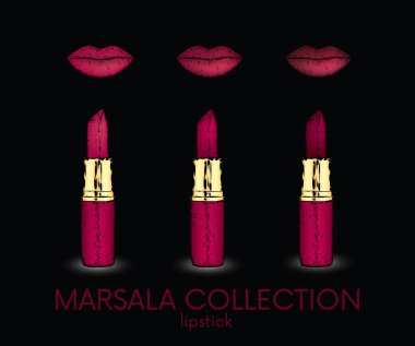 Bir dizi farklı tonları üç ruj. Vektör çizim için bir kartpostal veya bir poster. Hazır reklam kavramı.