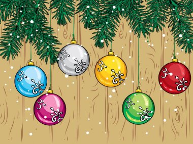 Güzel Noel topları ve vintage ahşap Komiteler çerçevede bir Noel ağacı dalı. Vektör çizim. Yeni yıl ve Noel.