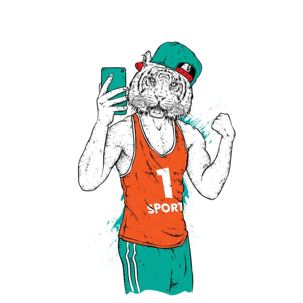 Tigris Egy Gyönyörű Férfi Test Sport Srác Feszült Bicepsz Selfie — Stock Vector