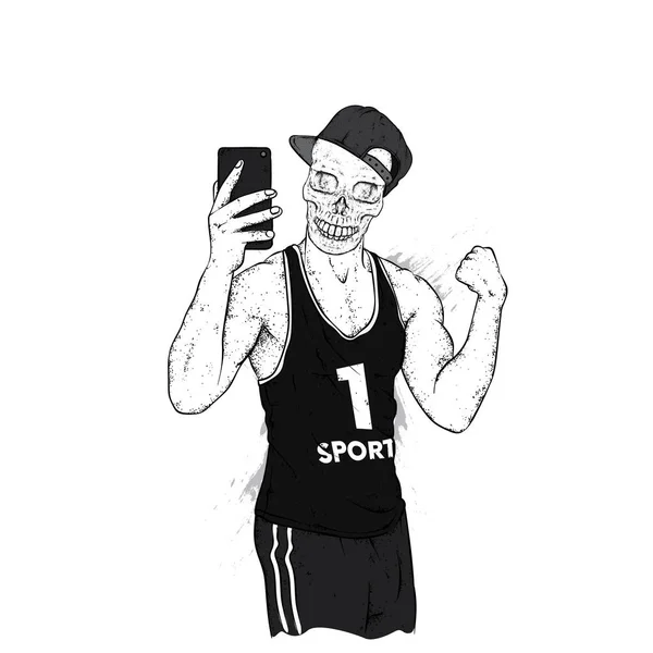 美しい男性の体の頭骨 スポーツの男は彼の上腕二頭筋の緊張し Selfie になります ベクトル図 — ストックベクタ