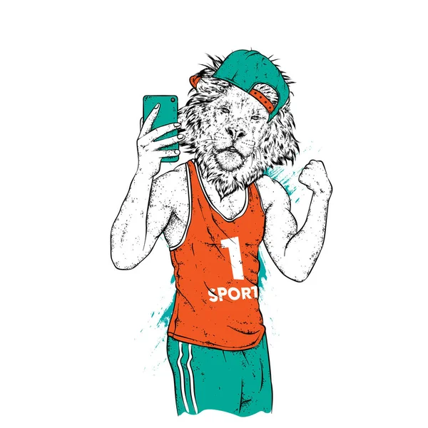 Leo Con Hermoso Cuerpo Masculino Deportista Tensó Bíceps Haciendo Selfie — Vector de stock