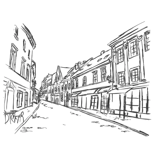 Vieille Rue Ville Ligne Dessinée Main Style Croquis Paysage Vieille — Image vectorielle