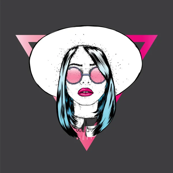 Hermosa Chica Con Gafas Sombrero Moda Estilo Ropa Accesorios Ilustración — Vector de stock