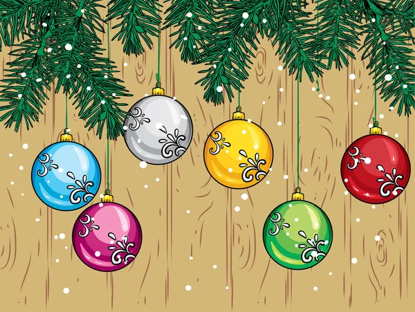 Hermosas Bolas Navidad Ramas Árbol Navidad Sobre Fondo Tablas Madera — Archivo Imágenes Vectoriales