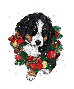 Güzel bir köpek yavrusu bir Noel çelenk ve şapka. Vektör çizim. Bir safkan köpek giysi ve aksesuarları. Yeni yıl ve Noel.