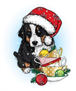 Yeni yıl şapkası ve gözlüklü güzel bir köpek yavrusu. Vektör çizimi. Elbise ve aksesuar giymiş bir köpek. Yeni yıl ve Noel. Eski bardaklar ve Noel topları.