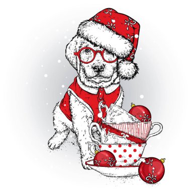 Yeni yıl şapkası ve gözlüklü güzel bir köpek yavrusu. Vektör çizimi. Elbise ve aksesuar giymiş bir köpek. Yeni yıl ve Noel. Eski bardaklar ve Noel topları.