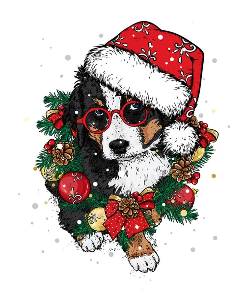 Güzel Bir Köpek Yavrusu Bir Noel Çelenk Şapka Vektör Çizim — Stok Vektör