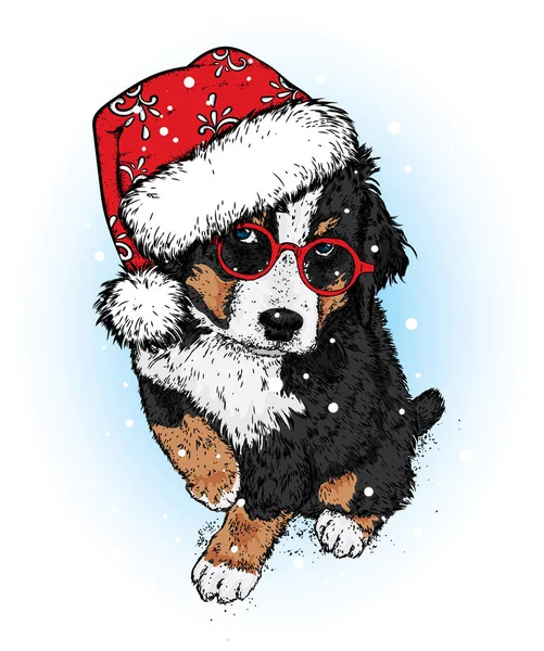 Hermoso Cachorro Con Gorra Año Nuevo Gafas Ilustración Vectorial Perro — Vector de stock