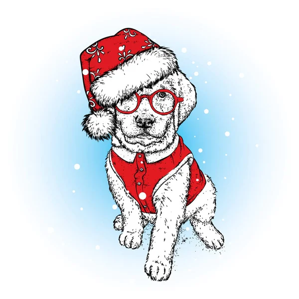 Hermoso Cachorro Con Gorra Año Nuevo Chaleco Ilustración Vectorial Perro — Vector de stock