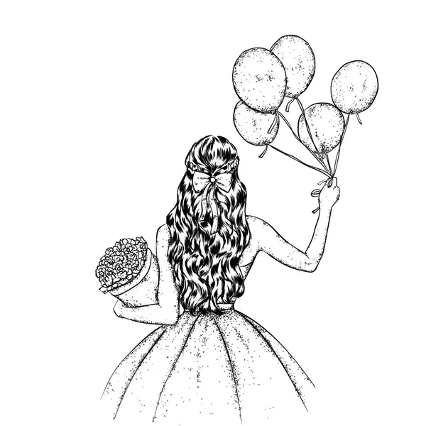 美しいドレスには長い髪を持つ少女 風船と花の花束 ホリデー グリーティング カード ポスター または衣服に印刷用のベクター イラスト ファッション スタイル — ストックベクタ