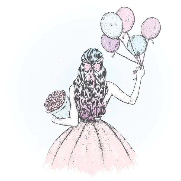 Una Chica Con Pelo Largo Hermoso Vestido Globos Ramo Flores — Vector de stock