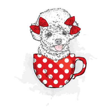 Yay kafasında bir köpekle bir kaba oturur. Güzel bir fino köpeği. Safkan köpek boyalı. Vektör çizim. Hipster.